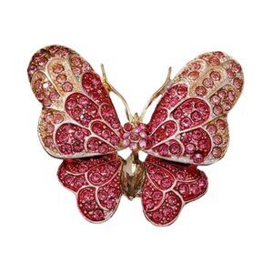 Butterfly Brooch Pin With Pink Rhinestones Gold Tone